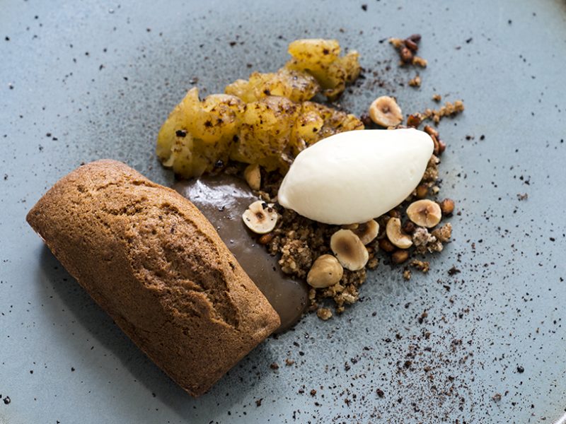 Apple Cake with Porter Fudge Caramel and Hazelnut Granola
