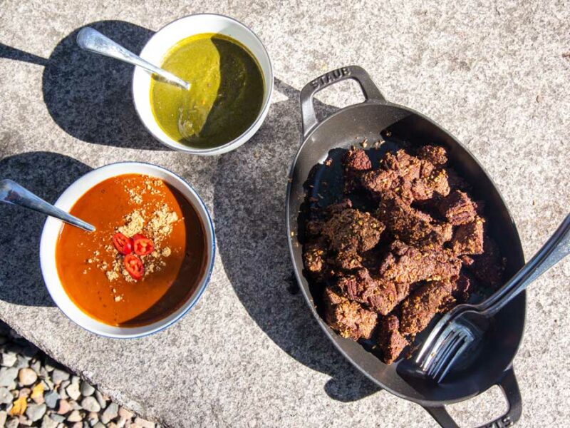 Spicy Fried Bison Bites Recipe with Tamarind and Hunan Peanut Sauce